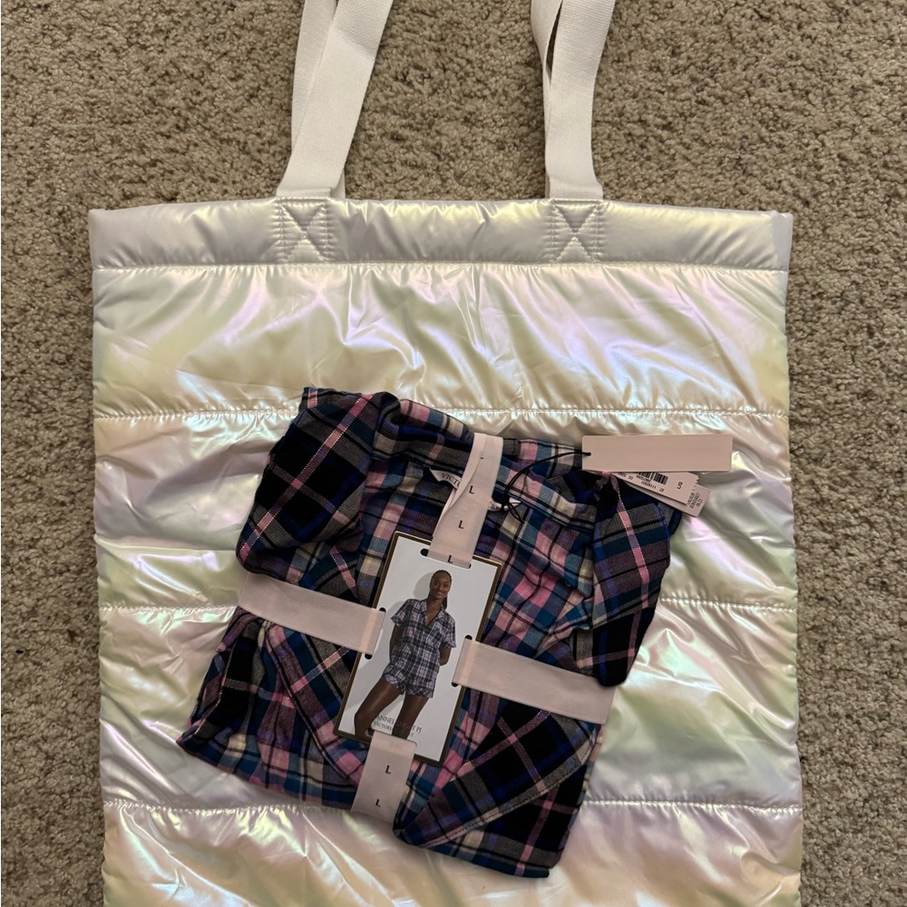NWT Victoria's Secret Plaid Pajama Set with Iridescent Tote Bag